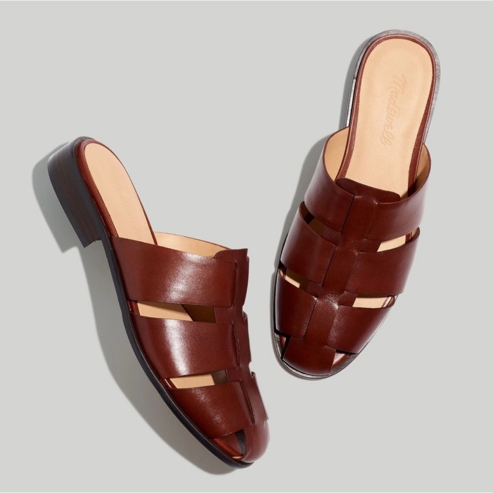 Brown Leather Woven Slip-On Mules Sandals